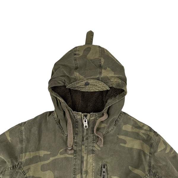 Schott Khaki Camo Fleece Lined Zipped Hooded Parka Jacket - Medium
