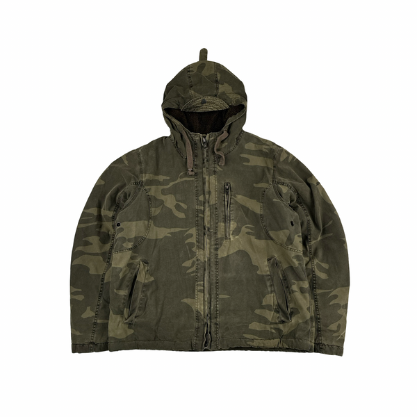 Schott Khaki Camo Fleece Lined Zipped Hooded Parka Jacket - Medium