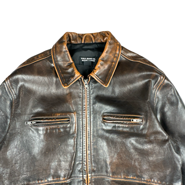 Ralph Lauren Brown Heavyweight Leather Bomber Jacket - Medium