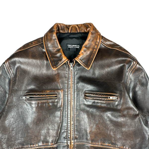 Ralph Lauren Brown Heavyweight Leather Bomber Jacket - Medium