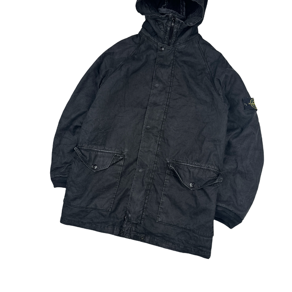 Stone Island 2006 Faded Black Wool Lined Lino Flax Long Jacket - Large