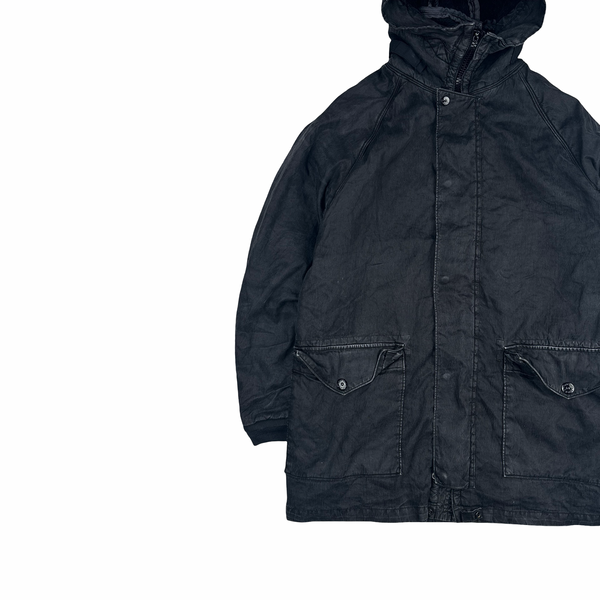 Stone Island 2006 Faded Black Wool Lined Lino Flax Long Jacket - Large