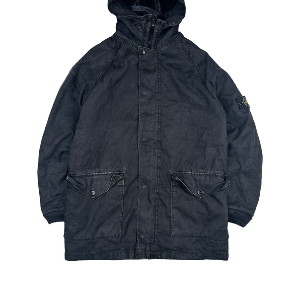 Stone Island 2006 Faded Black Wool Lined Lino Flax Long Jacket - Large