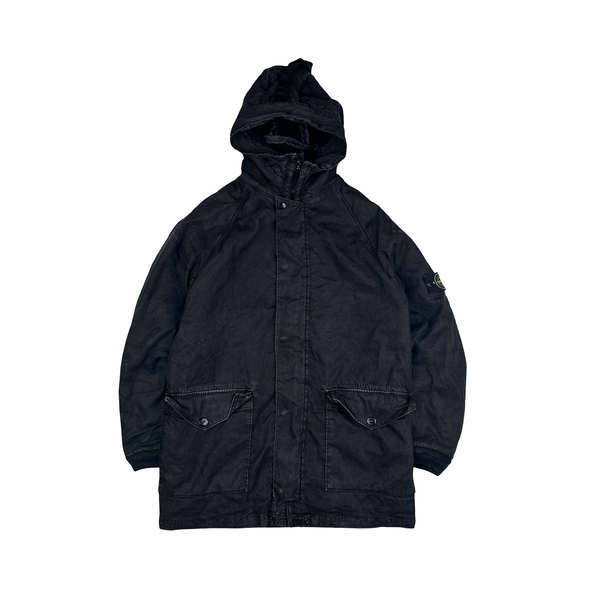 Stone Island 2006 Faded Black Wool Lined Lino Flax Long Jacket - Large