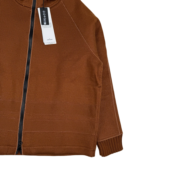 Stone Island 2025 Marina Chestnut Felted Wool Hooded Knit Zipped Jacket - Large