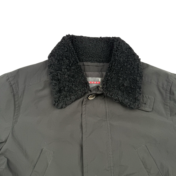 Prada Black Insulated Long Shearling Collar Red Tab Jacket - XXL