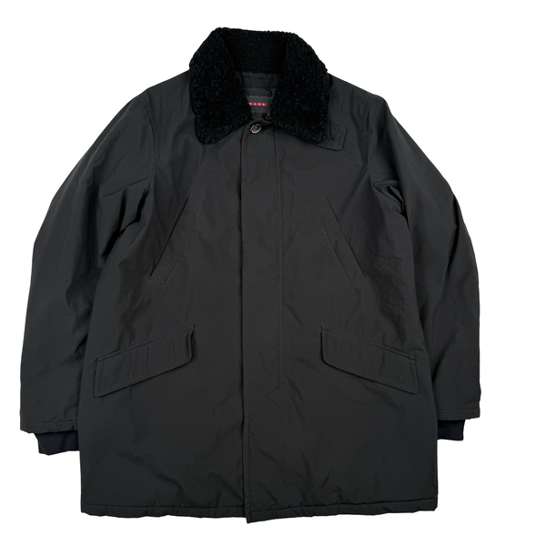 Prada Black Insulated Long Shearling Collar Red Tab Jacket - XXL