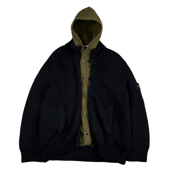 Stone Island Black Vintage 2005 Heavyweight Wool Blend Knit Full Zip Cardigan - XXL