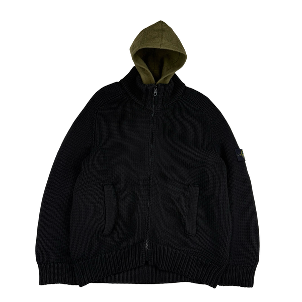 Stone Island Black Vintage 2005 Heavyweight Wool Blend Knit Full Zip Cardigan - XXL