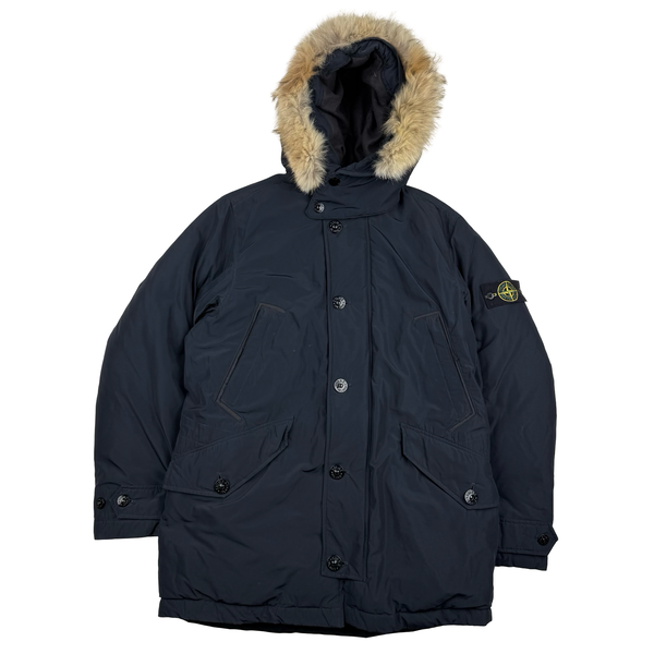 Stone Island 2016 Navy Down Filled Micro Reps Fur Hood Parka Jacket - Large