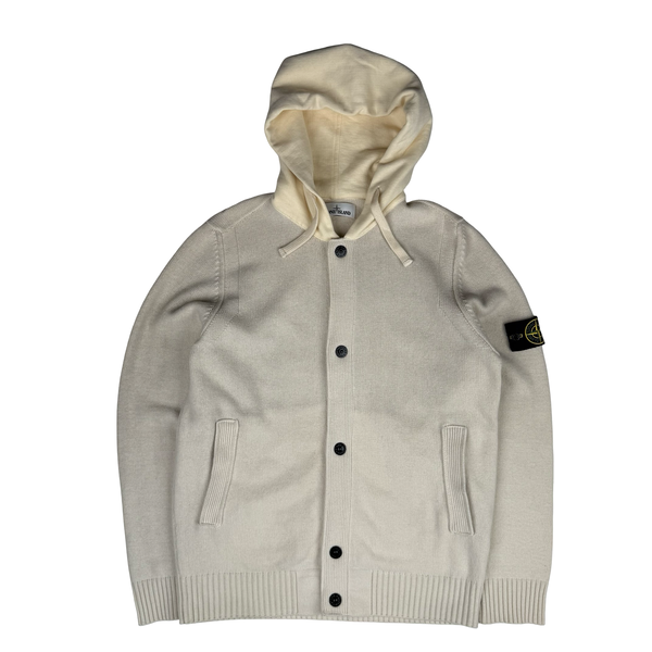 Stone Island 2015 Cream Lana Wool Buttoned Knit Hooded Jumper - XL