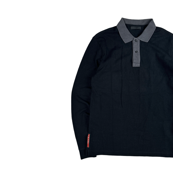Prada Black Cotton Long Sleeve Red Tab Polo - Medium