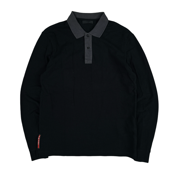 Prada Black Cotton Long Sleeve Red Tab Polo - Medium