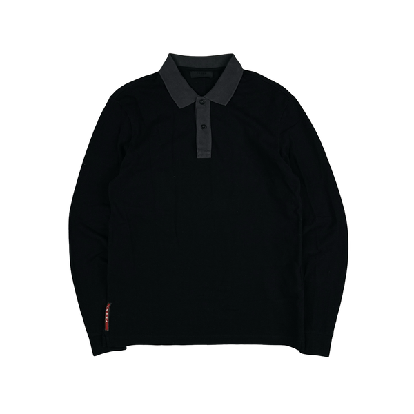 Prada Black Cotton Long Sleeve Red Tab Polo - Medium