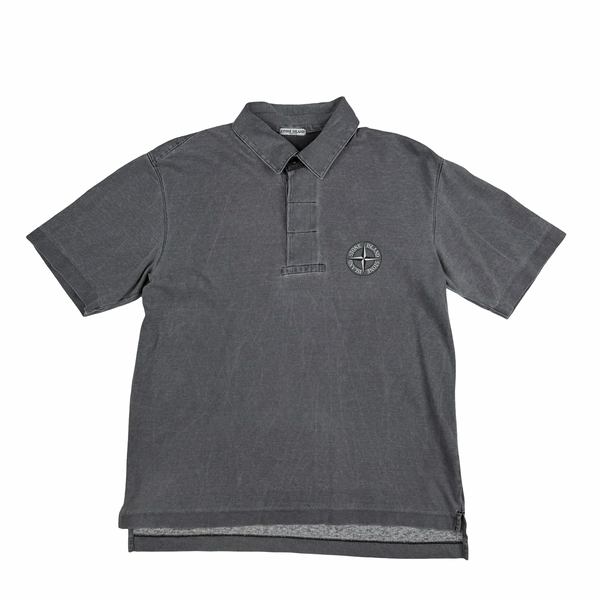 Stone Island 2001 Grey Cotton Button Spellout Compass Polo - Medium