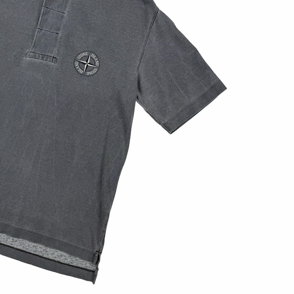 Stone Island 2001 Grey Cotton Button Spellout Compass Polo - Medium