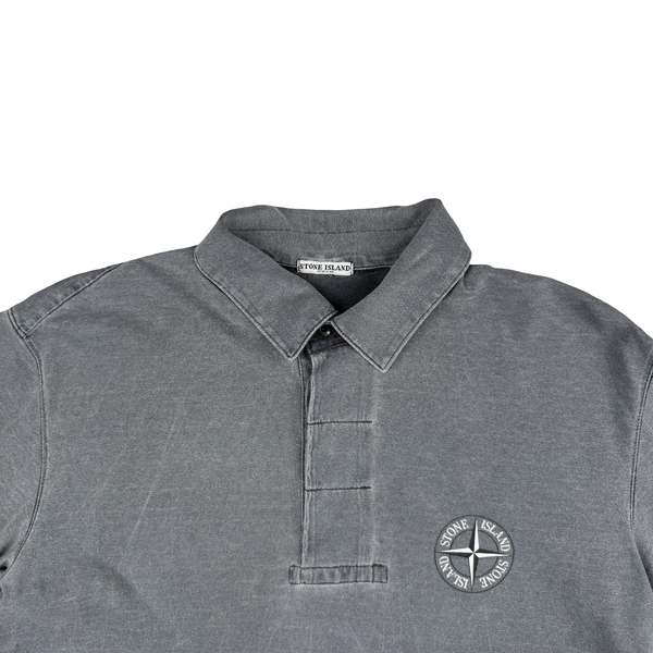 Stone Island 2001 Grey Cotton Button Spellout Compass Polo - Medium