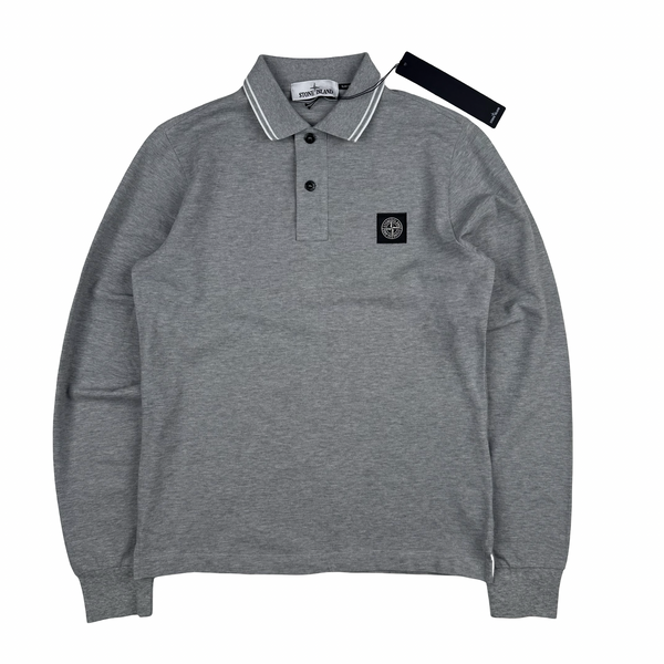 Stone Island 2022 Grey White Piped long Sleeve Cotton Polo Shirt - Small