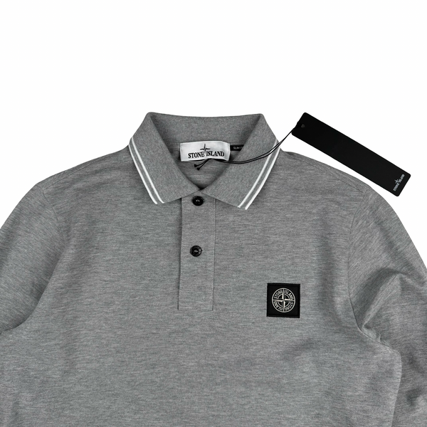 Stone Island 2022 Grey White Piped long Sleeve Cotton Polo Shirt - Small