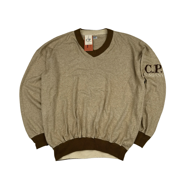 CP Company 80’s Vintage Spellout V Neckline Brown Knit - XL