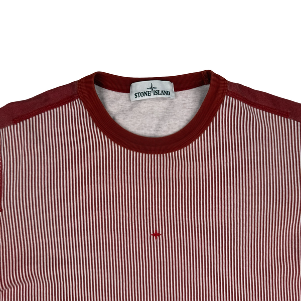 Stone Island 2019 Red Striped Marina Cotton Spellout T Shirt - Small