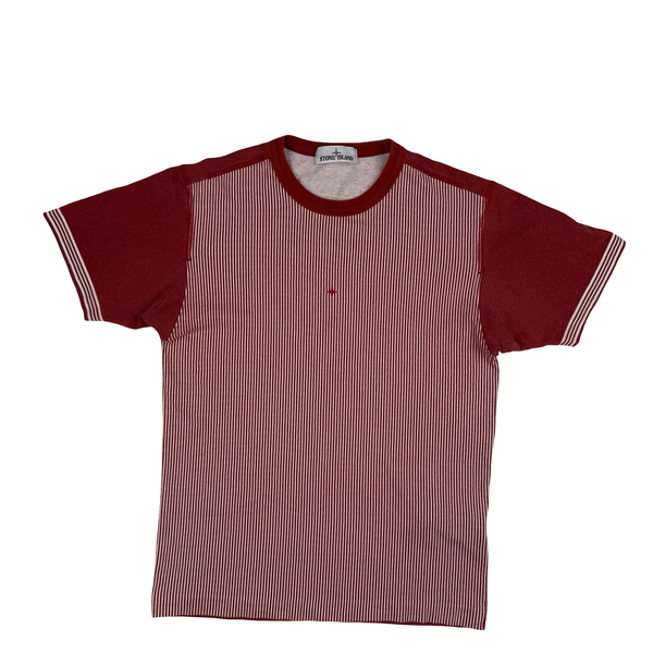Stone Island 2019 Red Striped Marina Cotton Spellout T Shirt - Small