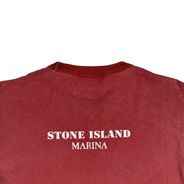 Stone Island 2019 Red Striped Marina Cotton Spellout T Shirt - Small