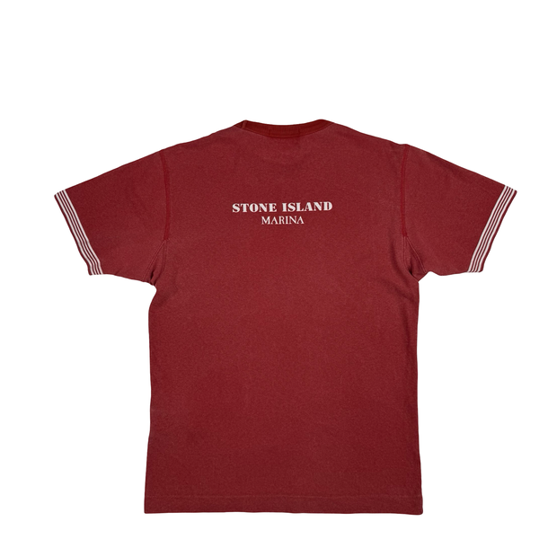 Stone Island 2019 Red Striped Marina Cotton Spellout T Shirt - Small