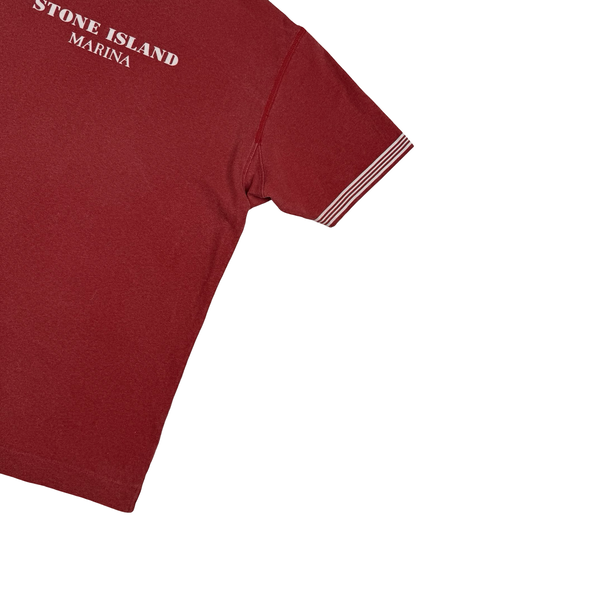 Stone Island 2019 Red Striped Marina Cotton Spellout T Shirt - Small