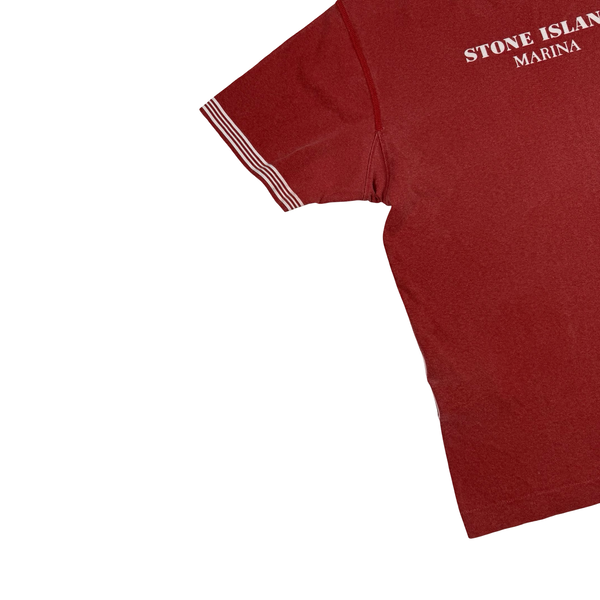 Stone Island 2019 Red Striped Marina Cotton Spellout T Shirt - Small