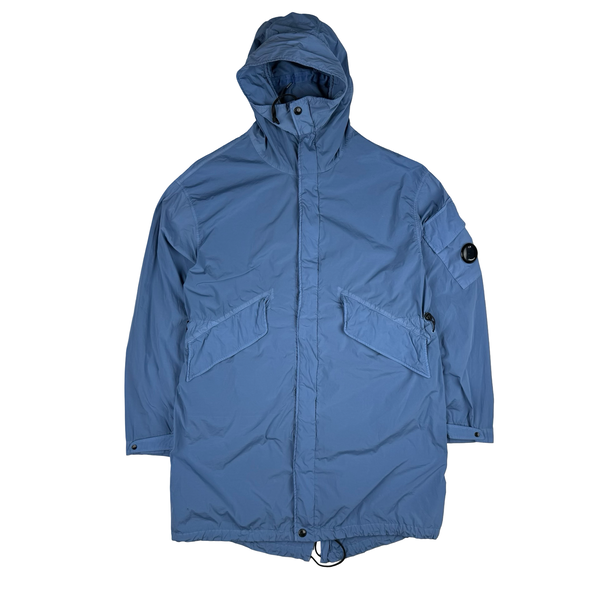 CP Company Blue Nycra Lens Viewer Hooded Fishtail Parker Jacket - Large (50)