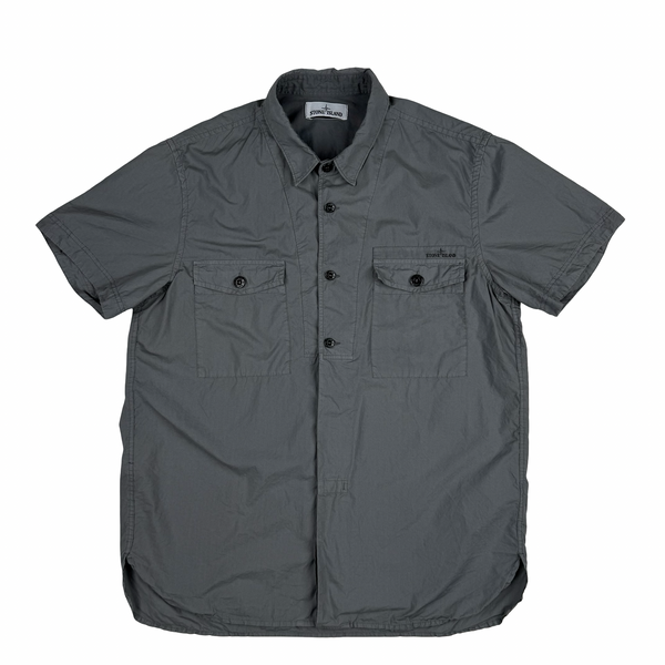 Stone Island 2014 Grey Cotton Spellout Buttoned Short Sleeve Shirt - XL