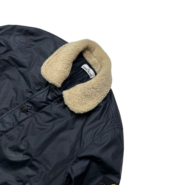 Stone Island 2015 Navy Mussola Gommata Sherling Flight Jacket - Large
