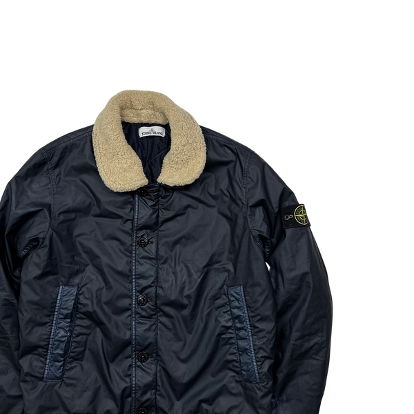 Stone Island 2015 Navy Mussola Gommata Sherling Flight Jacket Large Mat s Island