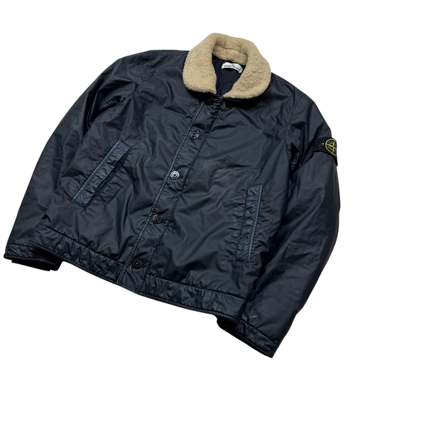 Stone Island 2015 Navy Mussola Gommata Sherling Flight Jacket - Large