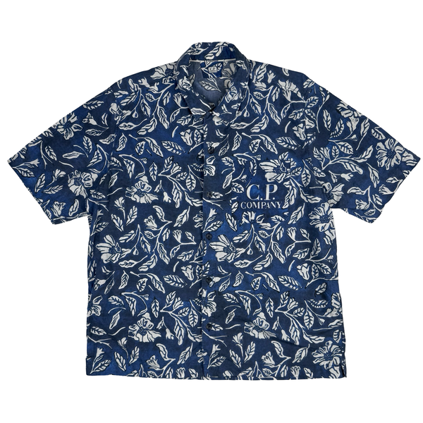 Cp Company 1995 Blue Floral Spellout Vintage Short Sleeve Cotton Shirt - XL