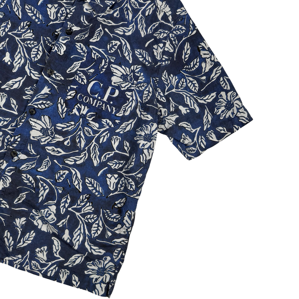 Cp Company 1995 Blue Floral Spellout Vintage Short Sleeve Cotton Shirt - XL