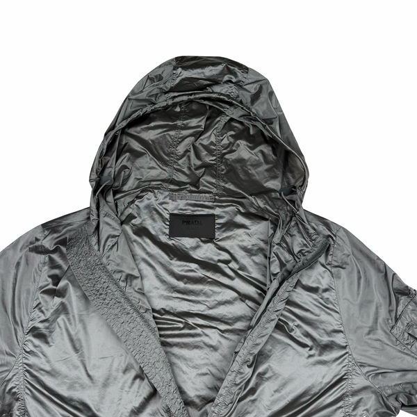 Prada Pewter Grey Metal Windbreaker Hooded Jacket - Small (46)