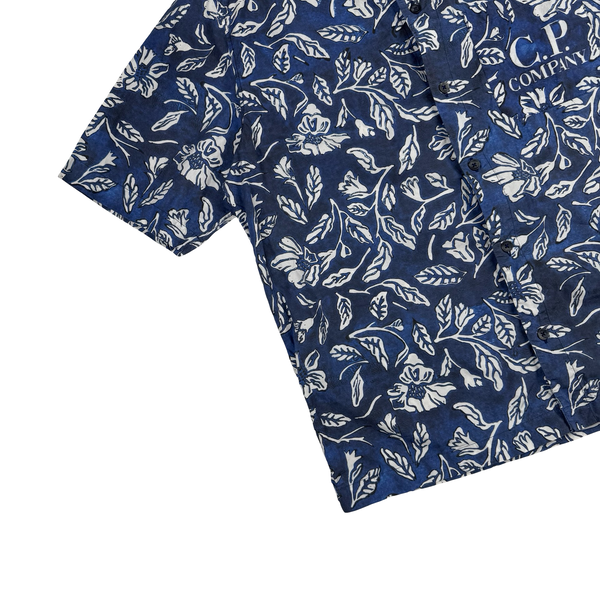 Cp Company 1995 Blue Floral Spellout Vintage Short Sleeve Cotton Shirt - XL