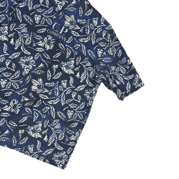 Cp Company 1995 Blue Floral Spellout Vintage Short Sleeve Cotton Shirt - XL