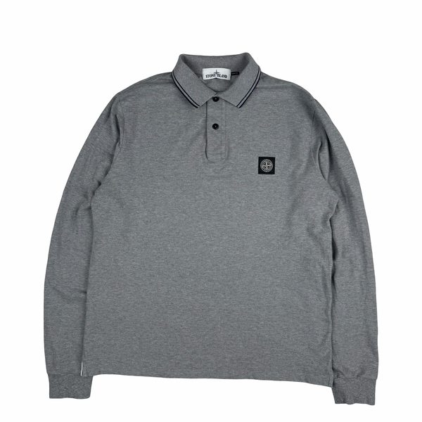 Stone Island  Grey Black Piped long Sleeve Cotton Polo Shirt - Large