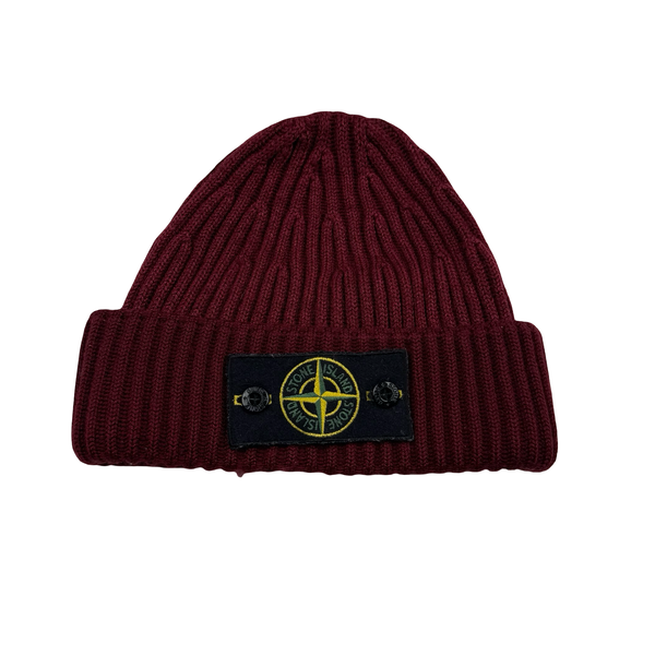 Stone Island Burgandy Ribbed Wool Badge Beanie