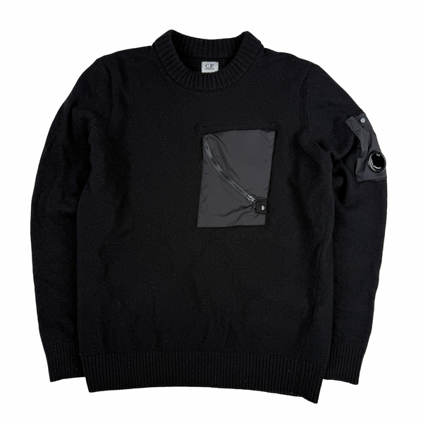 CP Company Black Wool Blend Chest Pocket Lens View Knit - XL
