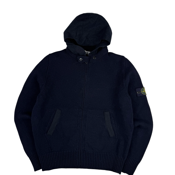 Stone Island 2011 Navy Wool Blend Full Zip Hooded Jumper - Large