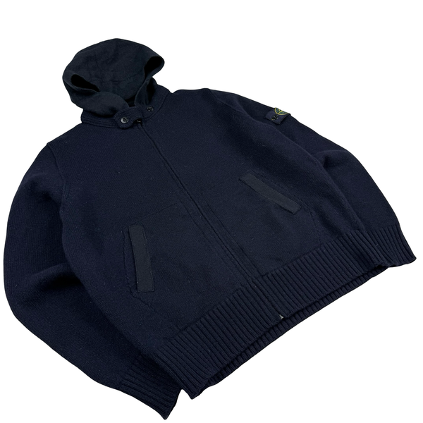 Stone Island 2011 Navy Wool Blend Full Zip Hooded Jumper - Large