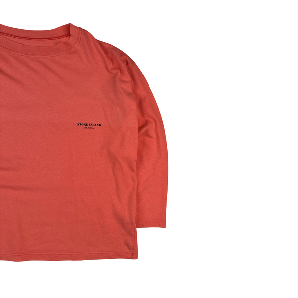 Stone Island Vintage 1989 Salmon Pink Marina Spellout Cotton Long Sleeve T Shirt - Large