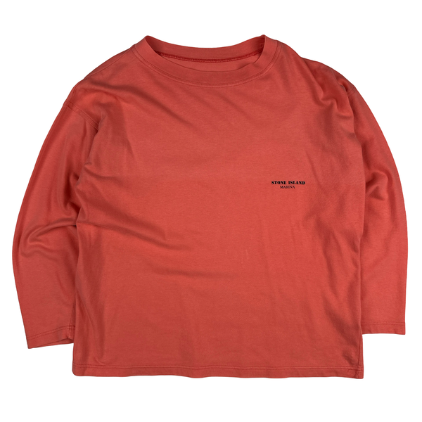 Stone Island Vintage 1989 Salmon Pink Marina Spellout Cotton Long Sleeve T Shirt - Large
