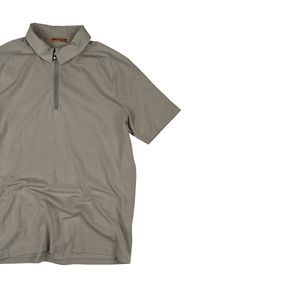 Prada Grey Stretch Cotton Zip up Collared Red Tab Polo Shirt - Large