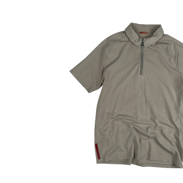 Prada Grey Stretch Cotton Zip up Collared Red Tab Polo Shirt - Large