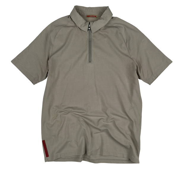Prada Grey Stretch Cotton Zip up Collared Red Tab Polo Shirt - Large